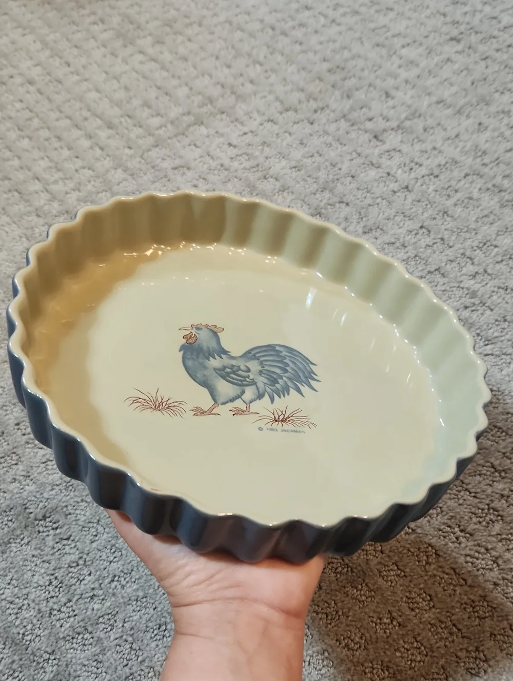 Vintage 1983 Jacaman Pie Dish Rooster Chicken Blue & Red
